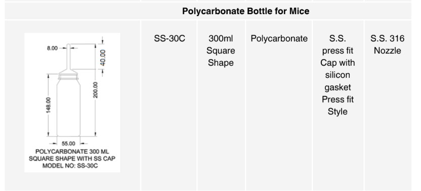 Mice/Rat P.C Bottle 300ml Square Shape with S.S Cap